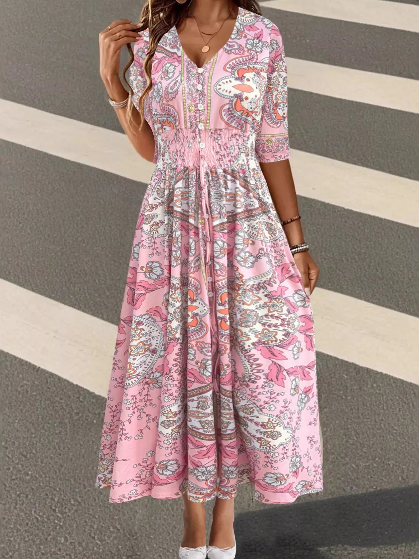 Māyā | Women’s Smocked Printed Half Sleeve Dress – Chic Boho Print & Refined Slimming Bodice Pink