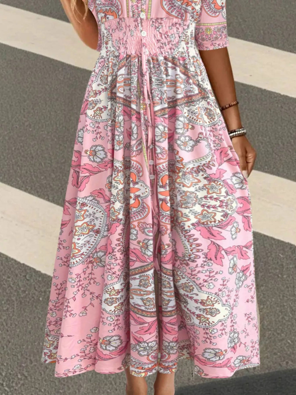 Māyā | Women’s Smocked Printed Half Sleeve Dress – Chic Boho Print & Refined Slimming Bodice