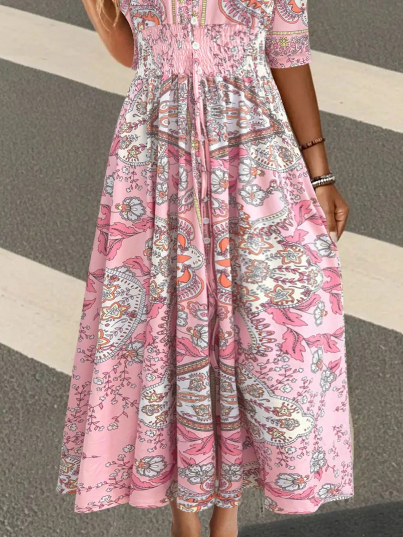 Māyā | Women’s Smocked Printed Half Sleeve Dress – Chic Boho Print & Refined Slimming Bodice