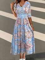 Māyā | Women’s Smocked Printed Half Sleeve Dress – Chic Boho Print & Refined Slimming Bodice Blue