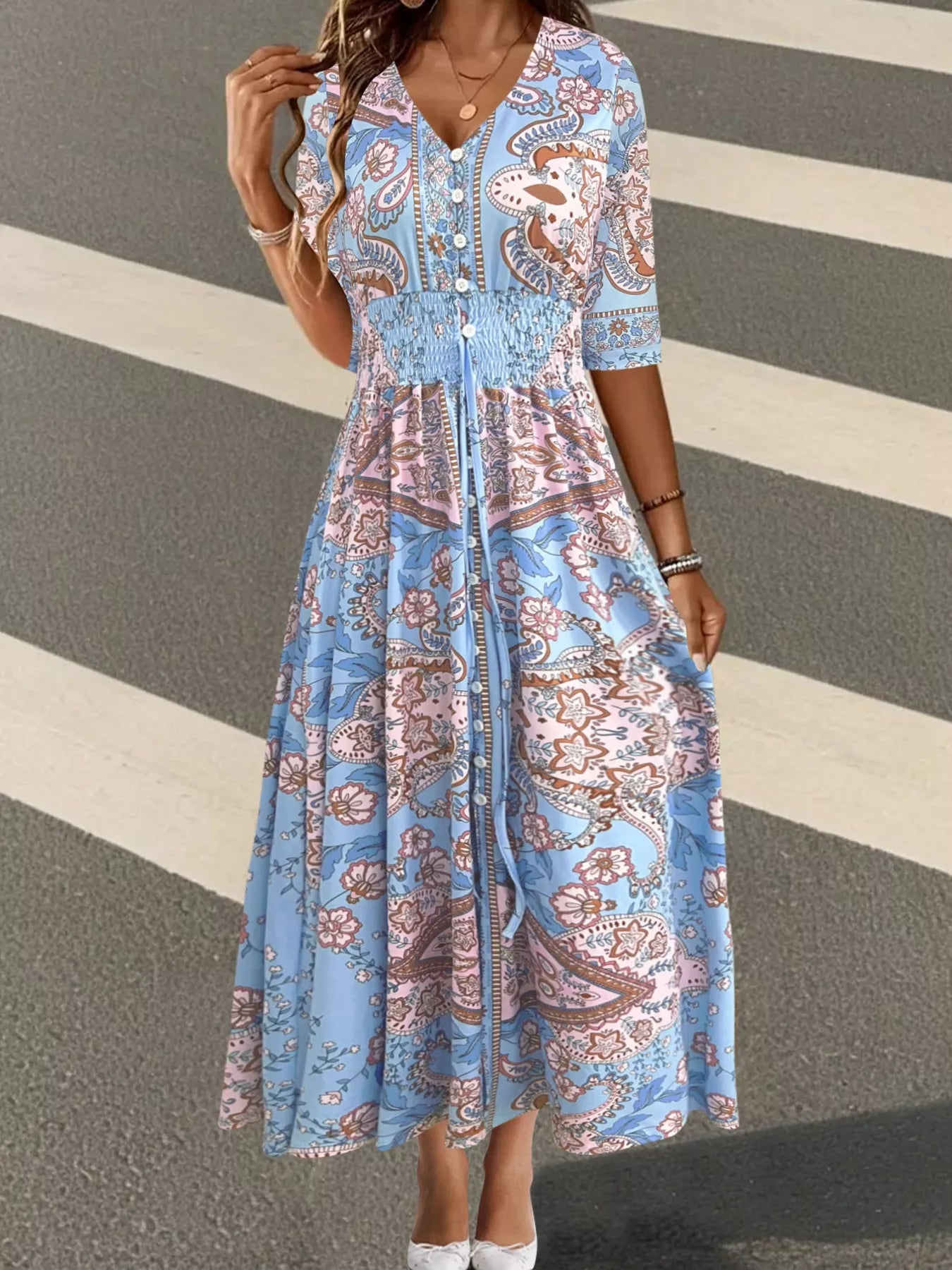 Māyā | Women’s Smocked Printed Half Sleeve Dress – Chic Boho Print & Refined Slimming Bodice Blue