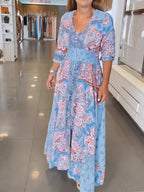 Māyā | Women’s Smocked Printed Half Sleeve Dress – Chic Boho Print & Refined Slimming Bodice