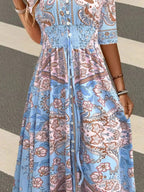 Māyā | Women’s Smocked Printed Half Sleeve Dress – Chic Boho Print & Refined Slimming Bodice