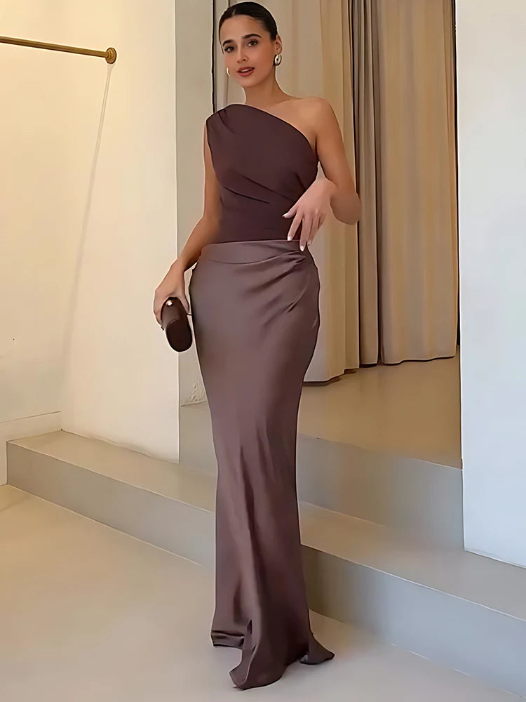 Sophia | One-Shoulder Satin Maxi Dress – Luxury Designer Asymmetric Gown & Tailored Minimalist Evening Wear Brown