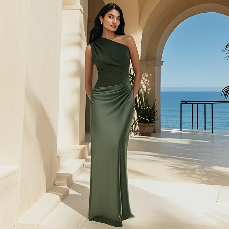 Sophia | One-Shoulder Satin Maxi Dress – Luxury Designer Asymmetric Gown & Tailored Minimalist Evening Wear Green