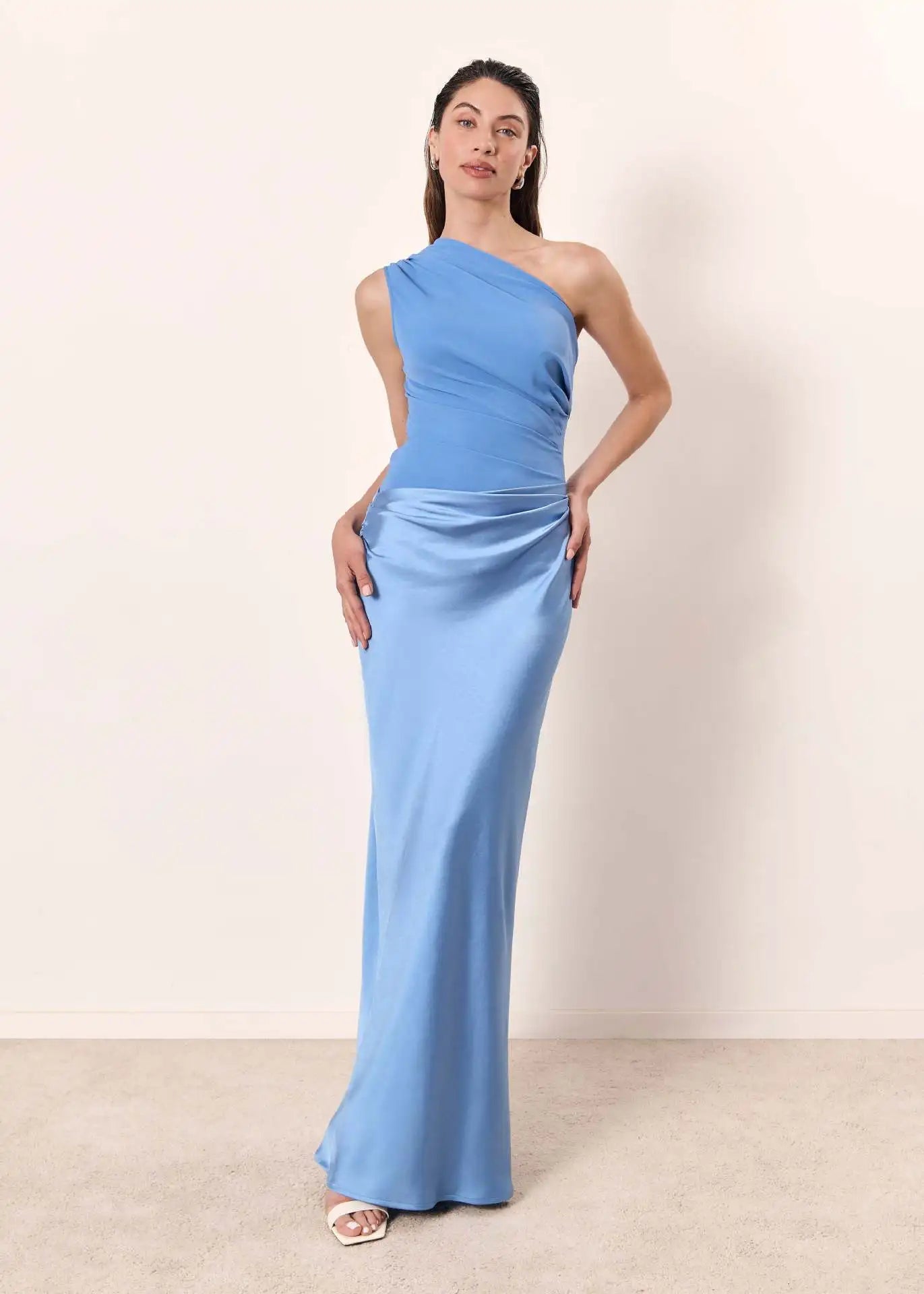 Sophia | One-Shoulder Satin Maxi Dress – Luxury Designer Asymmetric Gown & Tailored Minimalist Evening Wear Blue