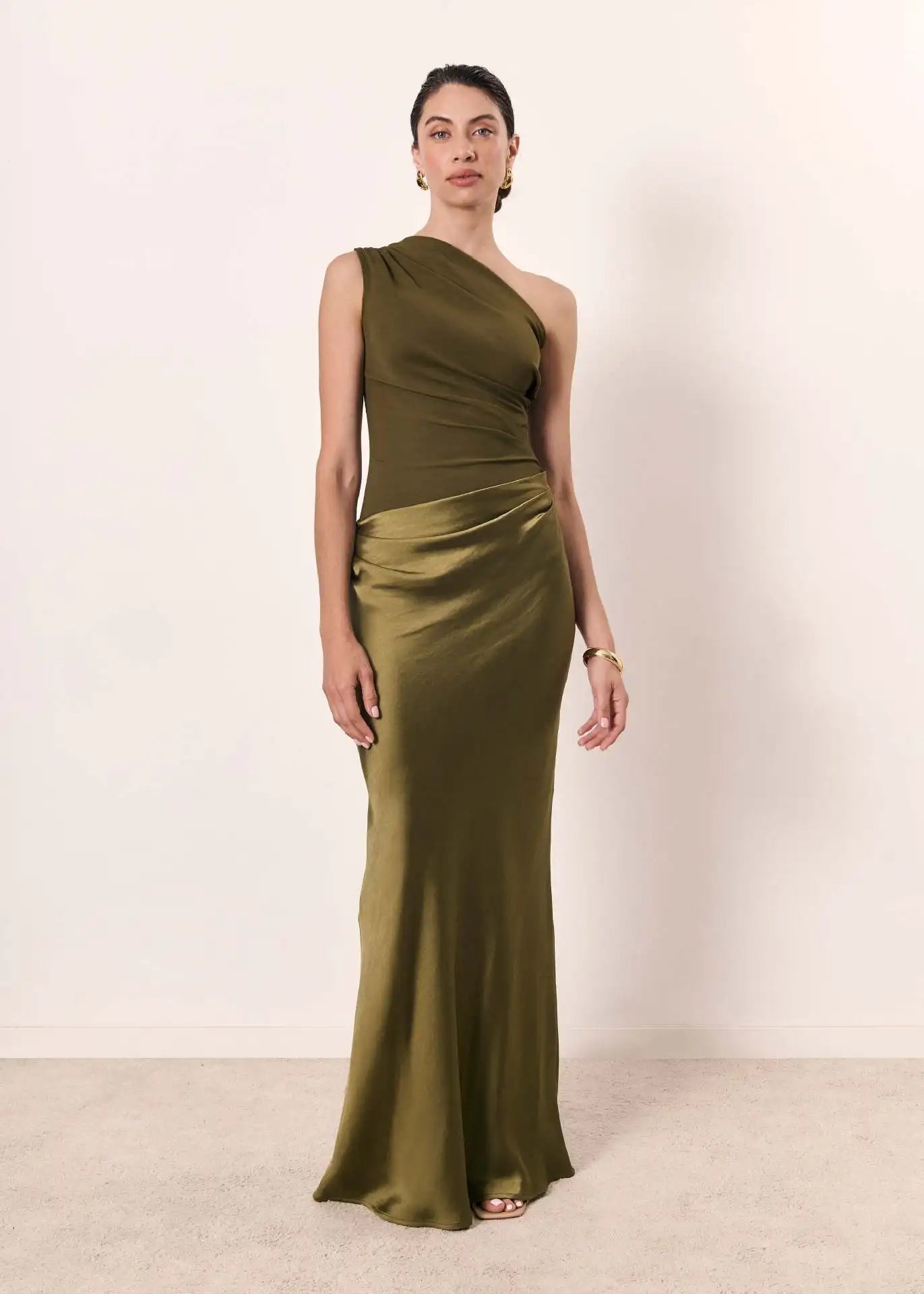 Sophia | One-Shoulder Satin Maxi Dress – Luxury Designer Asymmetric Gown & Tailored Minimalist Evening Wear Olive Green