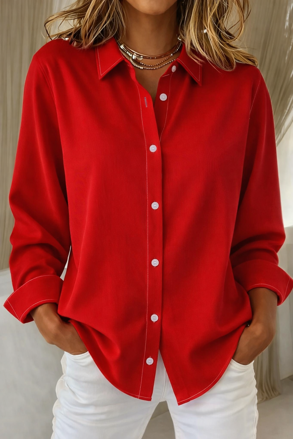 Amore | Women’s Elegant Button Blouse – Refined Silk-Touch Finish & Architectural Tailoring Red