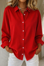 Amore | Women’s Elegant Button Blouse – Refined Silk-Touch Finish & Architectural Tailoring Red