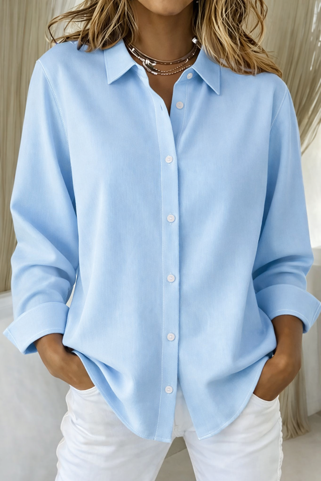 Amore | Women’s Elegant Button Blouse – Refined Silk-Touch Finish & Architectural Tailoring Blue