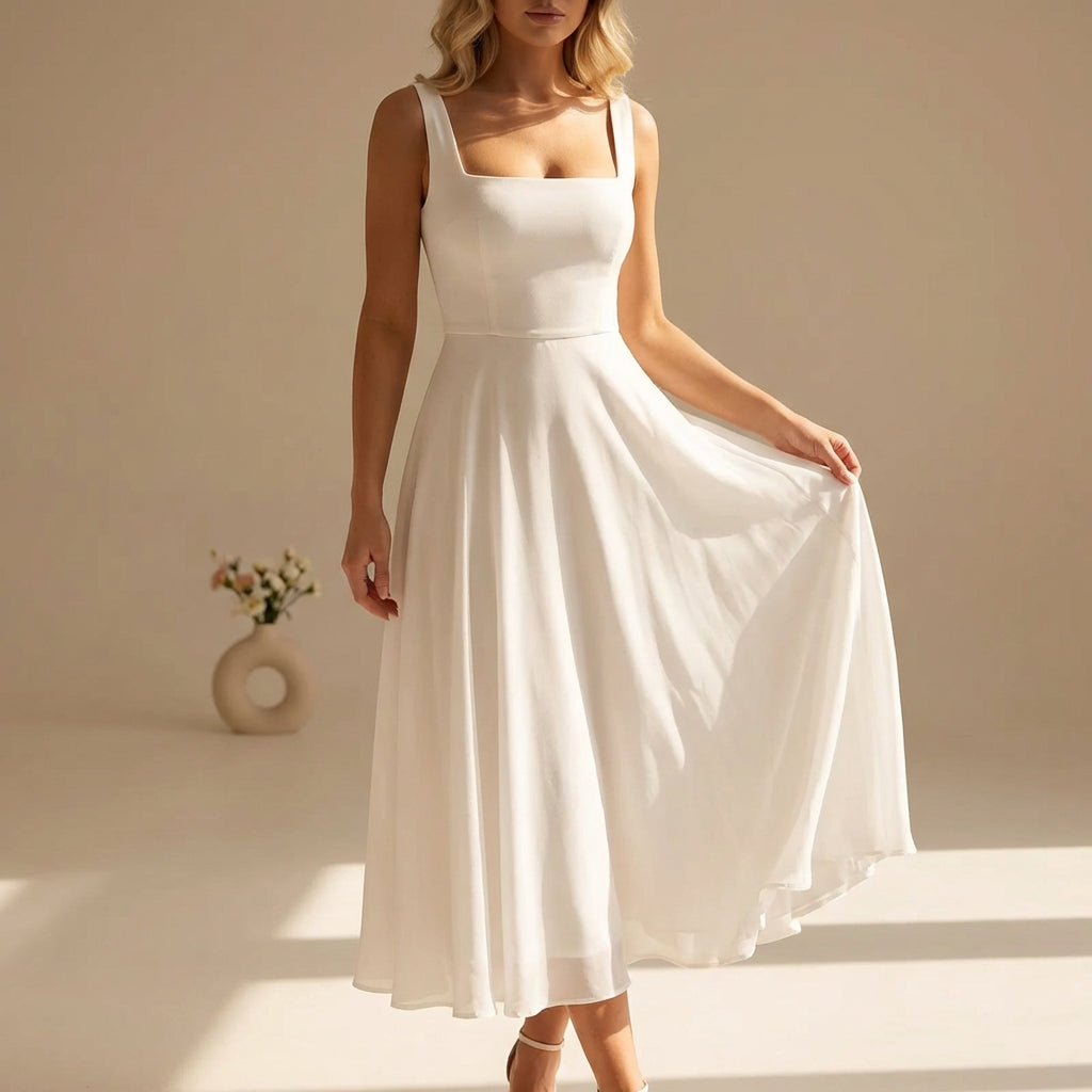 Solara | Square Neck Midi Sundress - Timeless Summer Elegance White