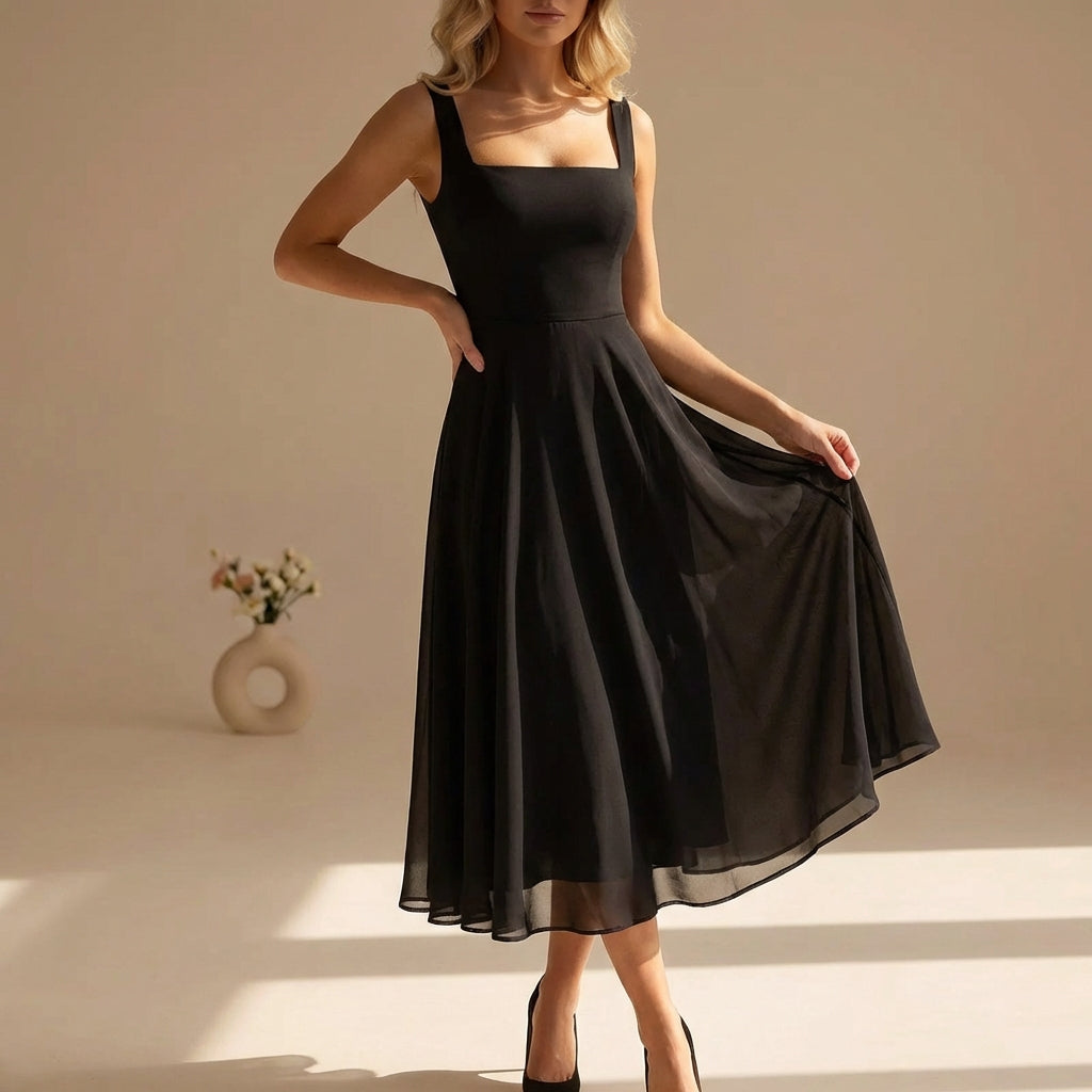 Elora | Square Neck Midi Sundress - Timeless Summer Elegance Black