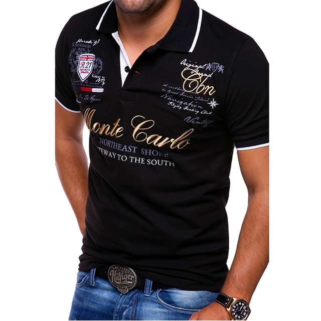 Stylish men's slim-fit polo shirt made of cotton, short sleeves black