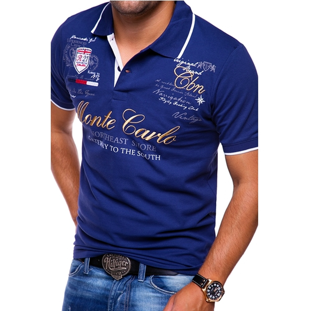 Stylish men's slim-fit polo shirt made of cotton, short sleeves navy blue