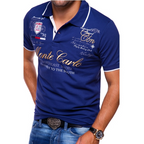 Stylish men's slim-fit polo shirt made of cotton, short sleeves navy blue