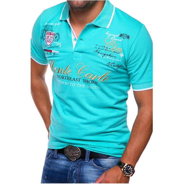 Stylish men's slim-fit polo shirt made of cotton, short sleeves sky blue