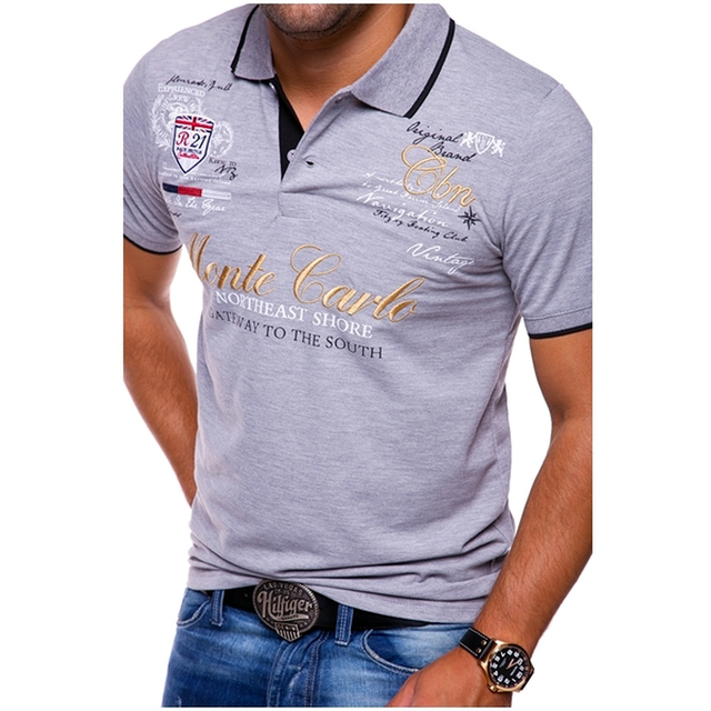 Stylish men's slim-fit polo shirt made of cotton, short sleeves grey