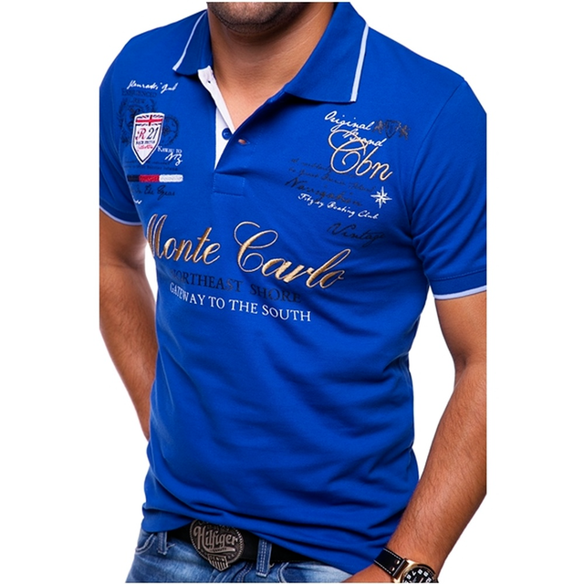 Stylish men's slim-fit polo shirt made of cotton, short sleeves blue