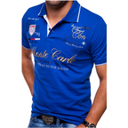 Stylish men's slim-fit polo shirt made of cotton, short sleeves blue