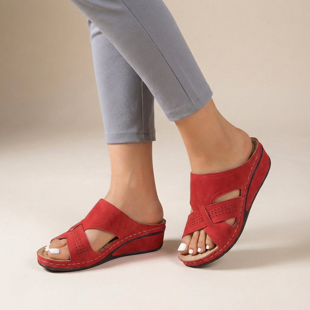 Suede Slip-On Wedge Sandals with Artistic Cutout Straps and Open Toe 0