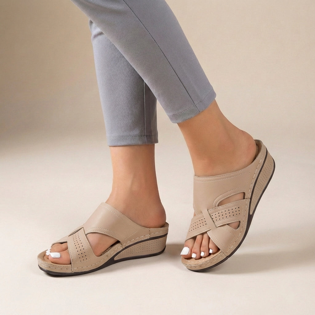Suede Slip-On Wedge Sandals with Artistic Cutout Straps and Open Toe 1