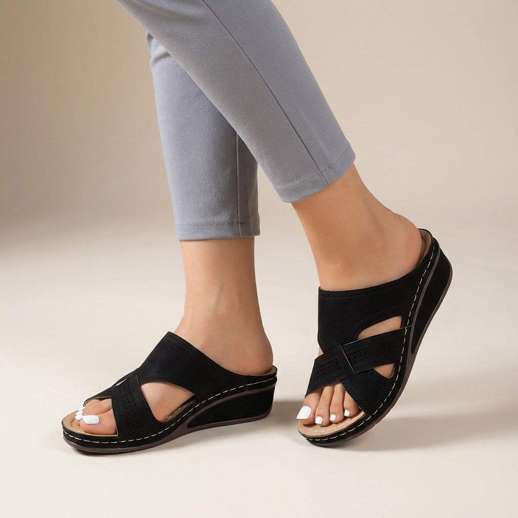 Suede Slip-On Wedge Sandals with Artistic Cutout Straps and Open Toe 2