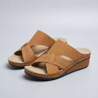 Suede Slip-On Wedge Sandals with Artistic Cutout Straps and Open Toe