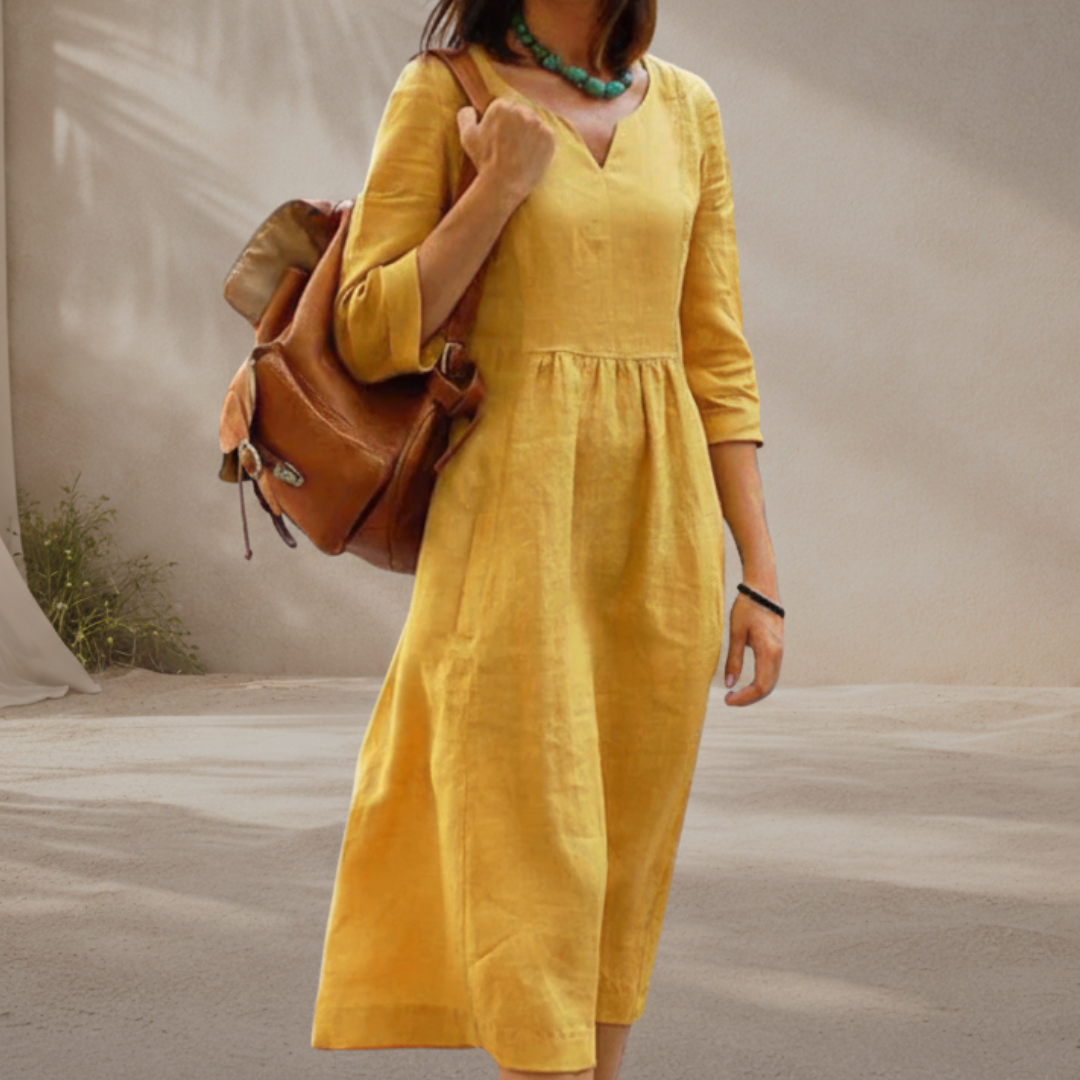 Solene | Sundrenched Relaxed Midi Dress – Chic Artisan Grace & Refined Slimming Silhouette Yellow