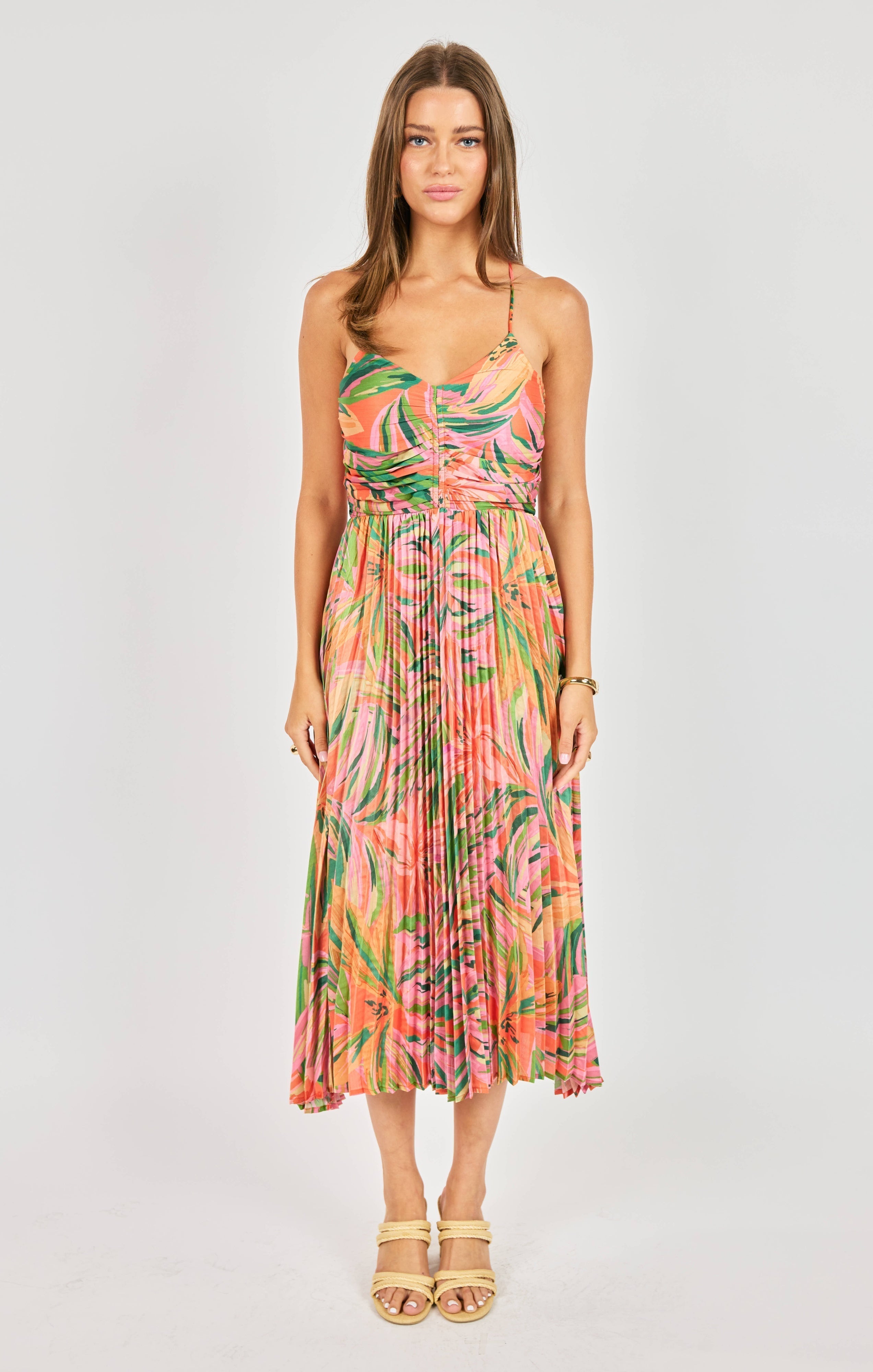 Amore | Sunset Ridge Pleated Midi Dress – Chic Artisan Grace & Refined Slimming Silhouette Multicolour