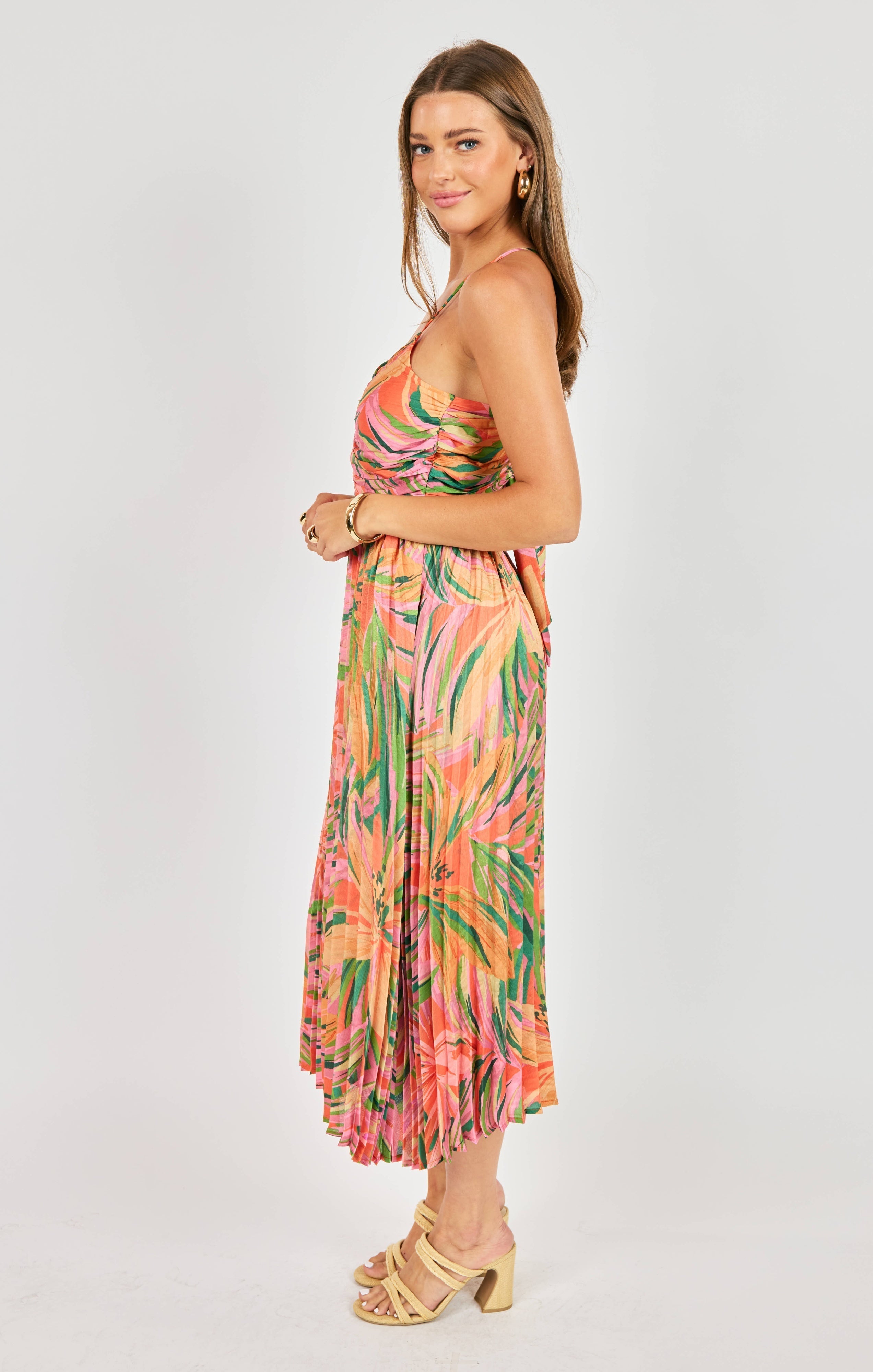 Amore | Sunset Ridge Pleated Midi Dress – Chic Artisan Grace & Refined Slimming Silhouette
