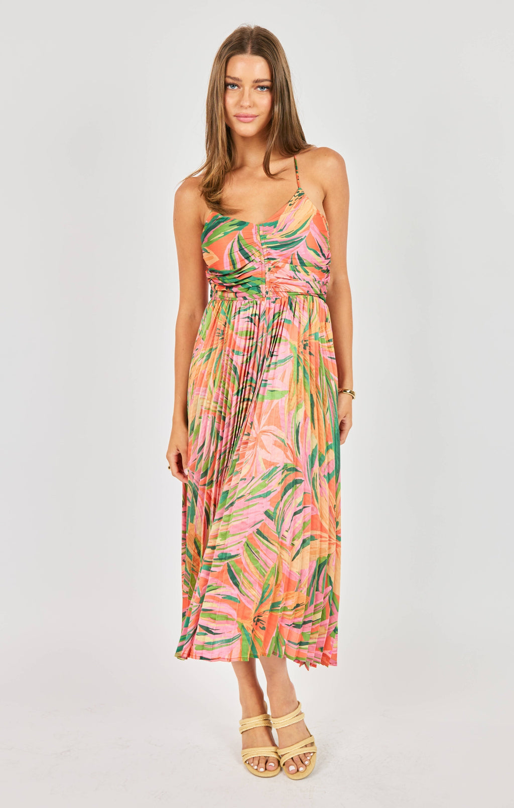 Amore | Sunset Ridge Pleated Midi Dress – Chic Artisan Grace & Refined Slimming Silhouette