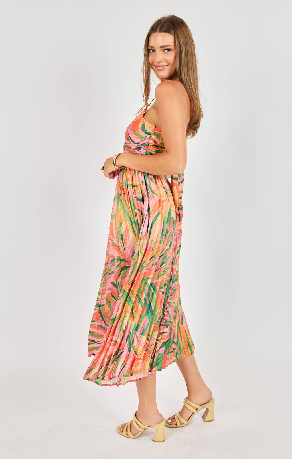 Amore | Sunset Ridge Pleated Midi Dress – Chic Artisan Grace & Refined Slimming Silhouette