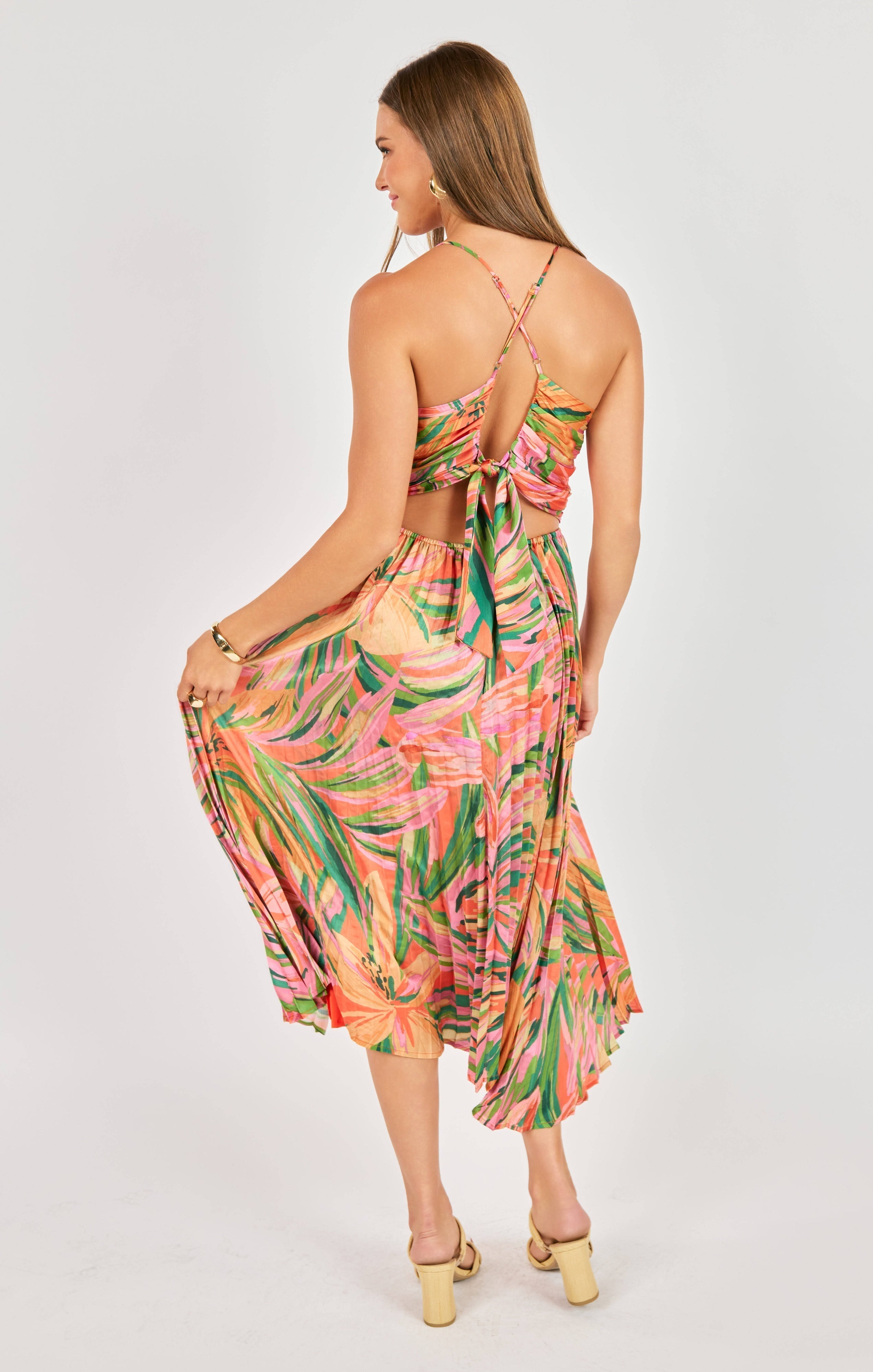 Amore | Sunset Ridge Pleated Midi Dress – Chic Artisan Grace & Refined Slimming Silhouette