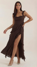Women's Ruffled Maxi Dress V-Neck Flowy Boho Long Dress Brown