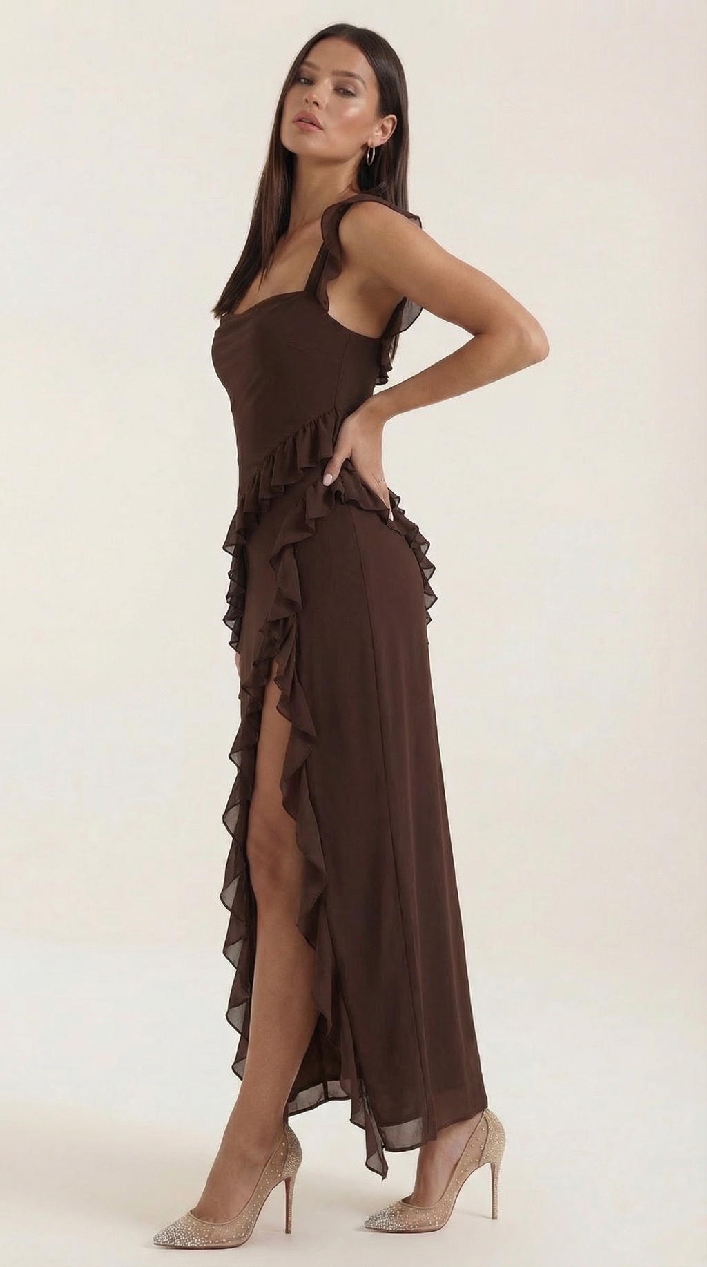 Women's Ruffled Maxi Dress V-Neck Flowy Boho Long Dress