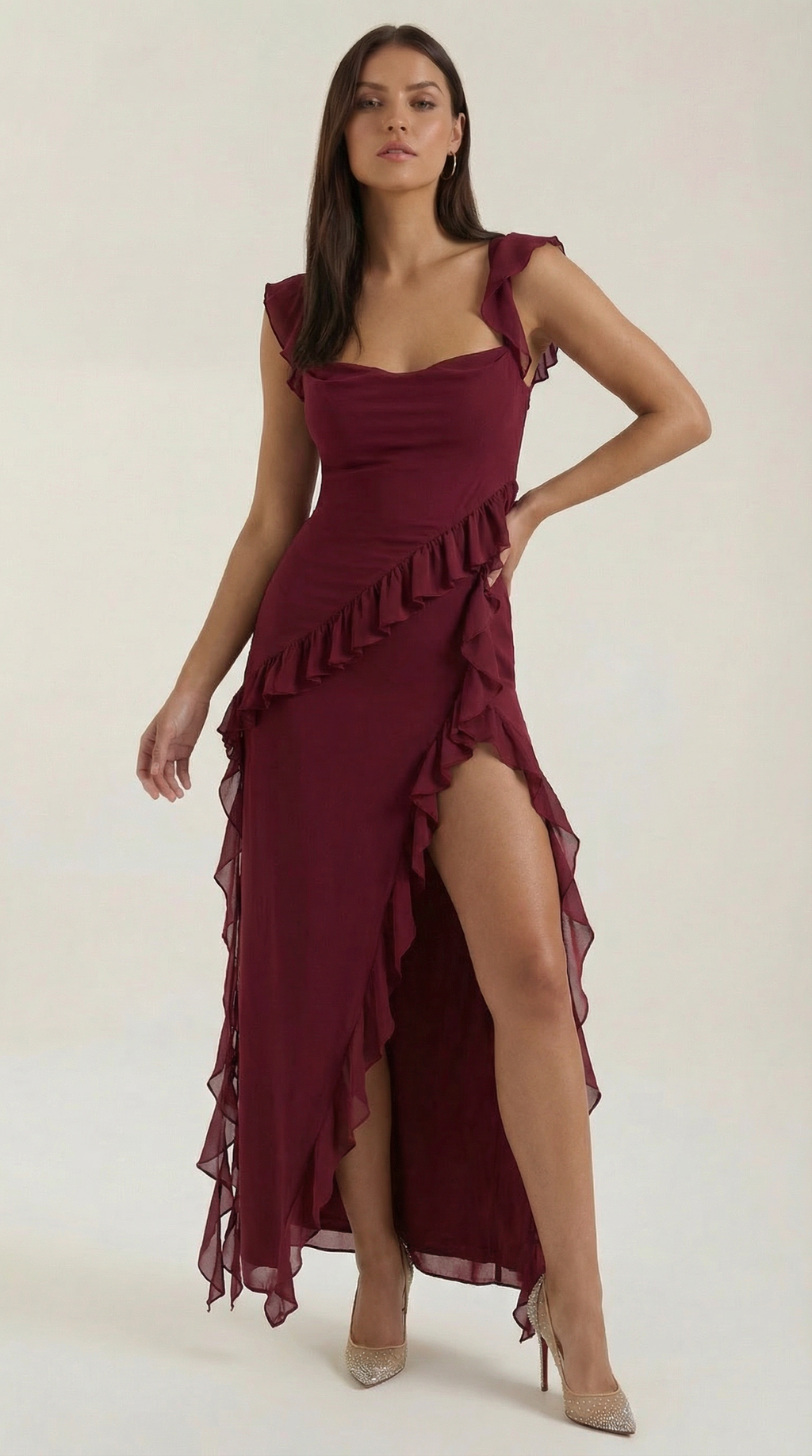 Women's Ruffled Maxi Dress V-Neck Flowy Boho Long Dress Burgundy