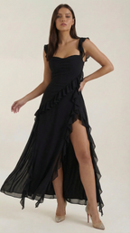 Women's Ruffled Maxi Dress V-Neck Flowy Boho Long Dress Black