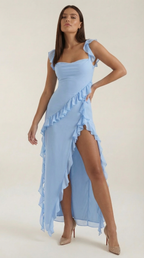 Women's Ruffled Maxi Dress V-Neck Flowy Boho Long Dress Baby blue