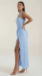 Women's Ruffled Maxi Dress V-Neck Flowy Boho Long Dress