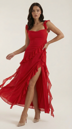 Women's Ruffled Maxi Dress V-Neck Flowy Boho Long Dress Red