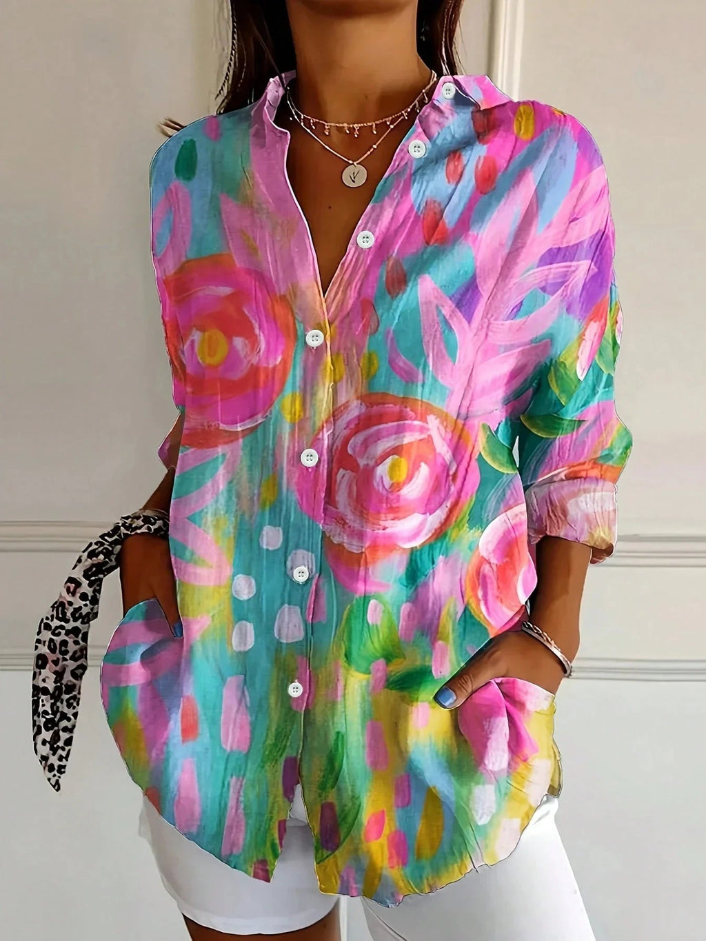 Mechi | Women’s Colorful Blouse – Playful Vibrant Print & Architectural Modern Silhouette Pink
