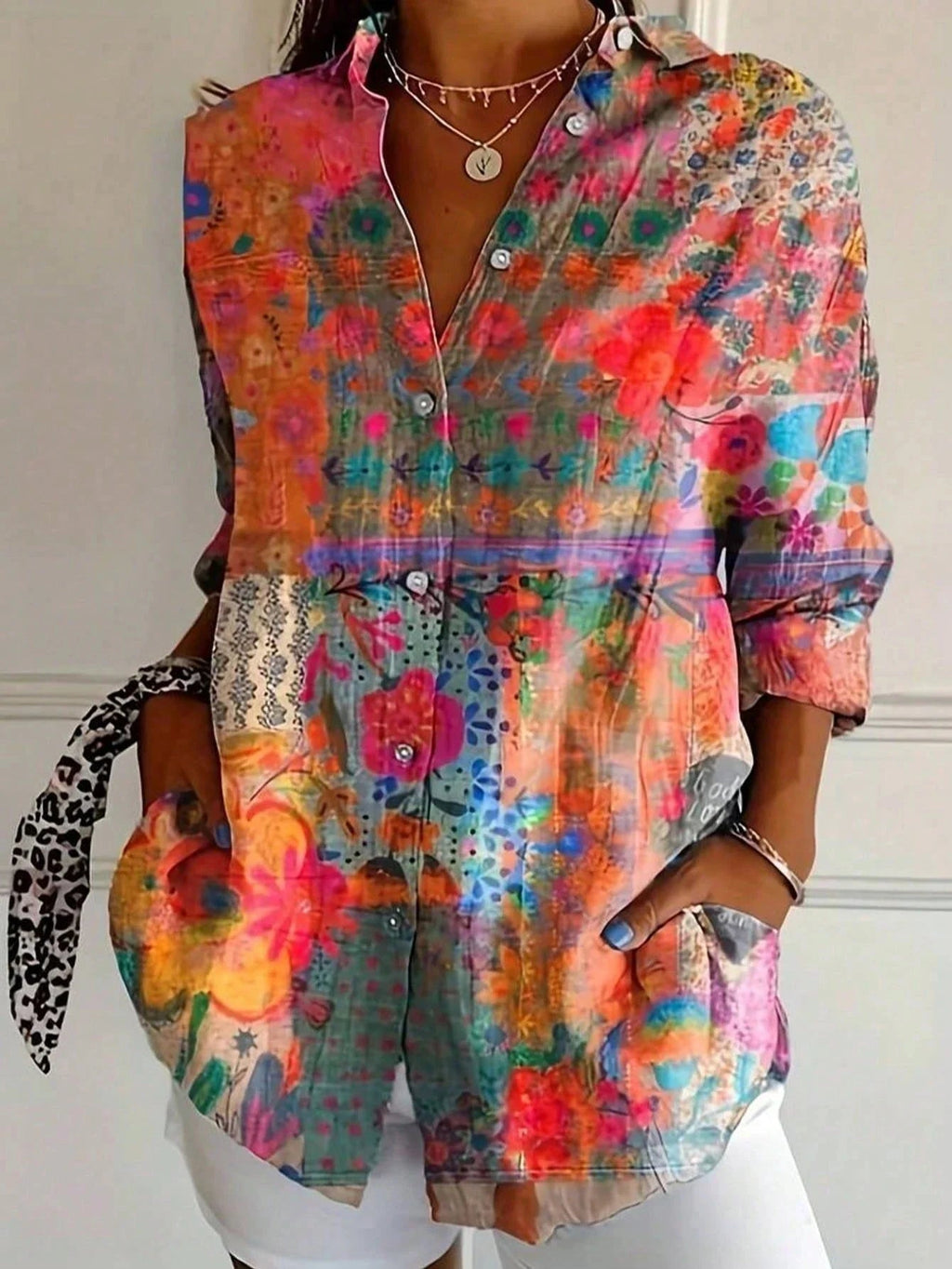 Mechi | Women’s Colorful Blouse – Playful Vibrant Print & Architectural Modern Silhouette Orange
