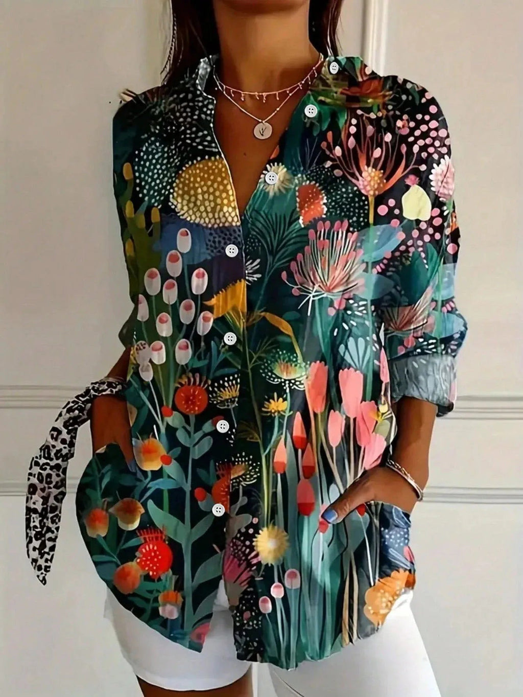 Mechi | Women’s Colorful Blouse – Playful Vibrant Print & Architectural Modern Silhouette Green