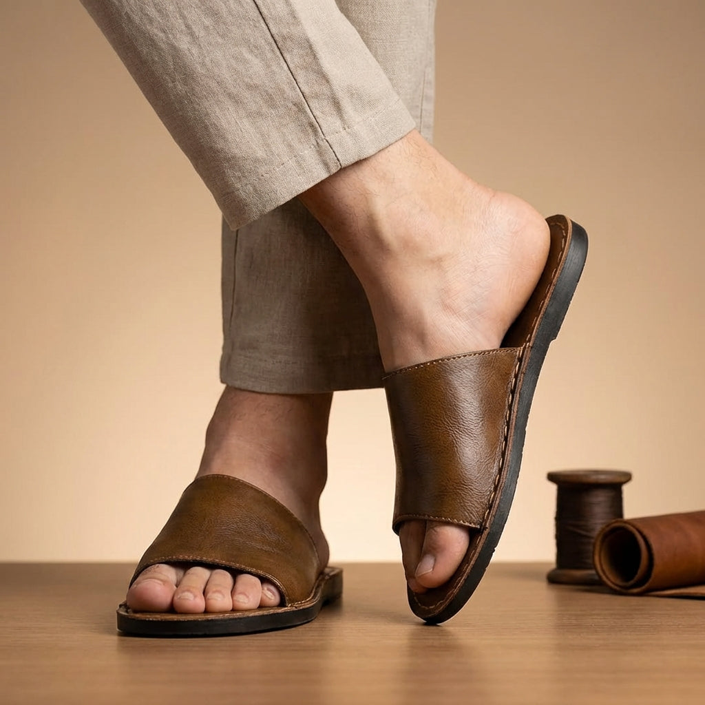 Aura | Women’s Slip-On Slide Sandals – Signature Stitching Detail & Textured Architectural Grip Brown