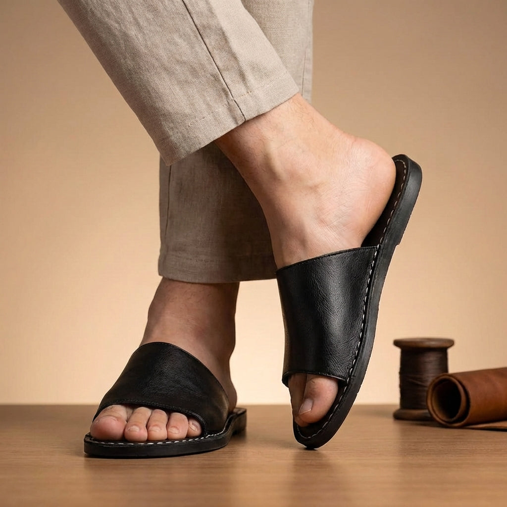 Aura | Women’s Slip-On Slide Sandals – Signature Stitching Detail & Textured Architectural Grip Black
