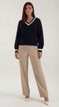 Women's Contrast Trim Knit Sweater – Elegant Color-Block & Soft Crewneck Navy