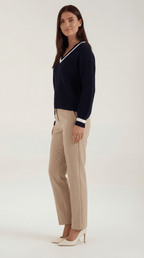 Women's Contrast Trim Knit Sweater – Elegant Color-Block & Soft Crewneck