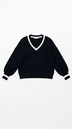 Women's Contrast Trim Knit Sweater – Elegant Color-Block & Soft Crewneck