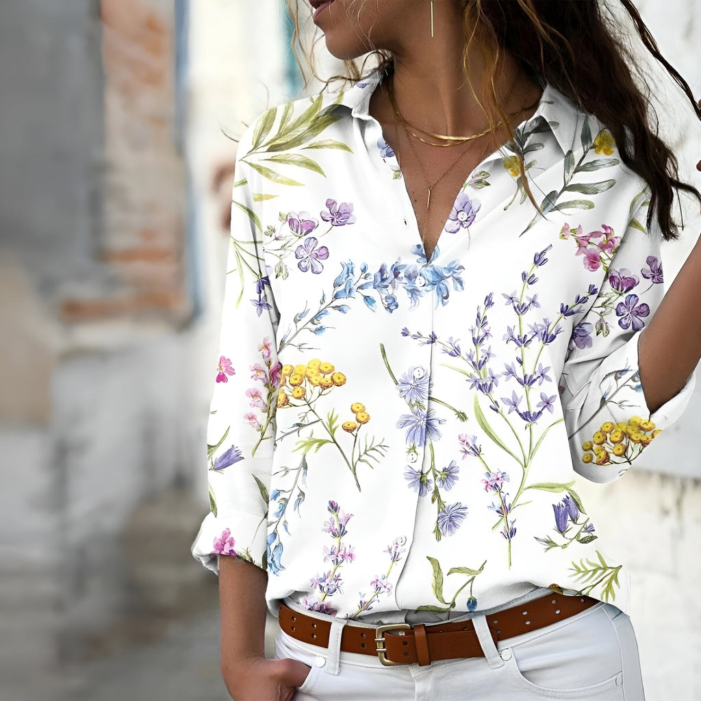 Women’s Printed Collared Blouse – Hand-Illustrative Motif, Tailored Button-Down & Boutique Botanical Charm white