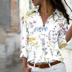Women’s Printed Collared Blouse – Hand-Illustrative Motif, Tailored Button-Down & Boutique Botanical Charm white